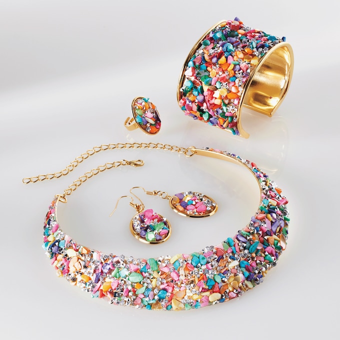 Multicolor Chips Necklace, Cuff, Earring & Ring Set, , large