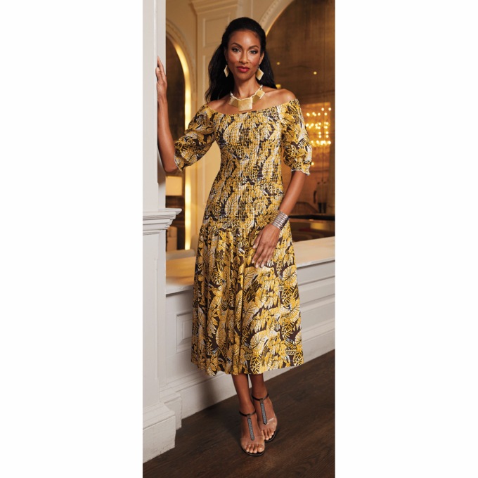 Smocked Midi Dress, Yellow Multi, large