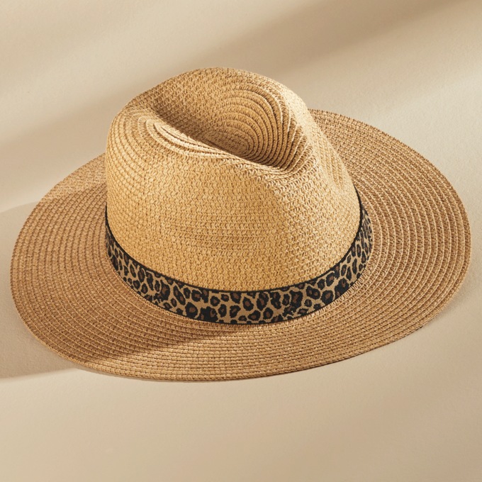 Leopard Band Straw Fedora, , large
