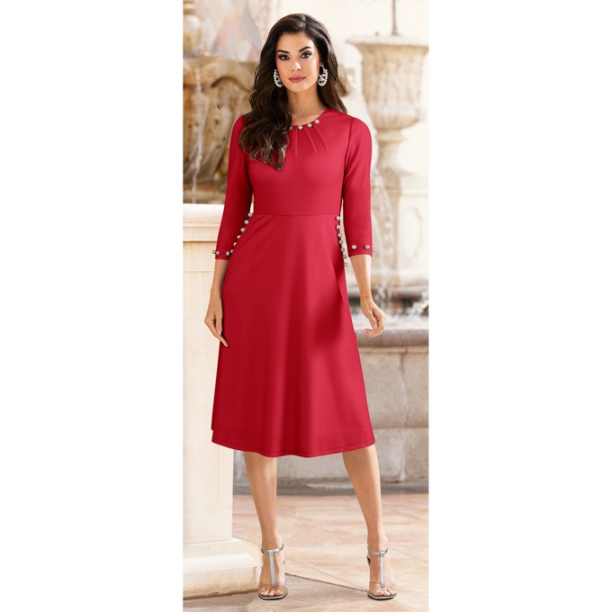 Delena Pearl-Trim A-Line Dress, , large