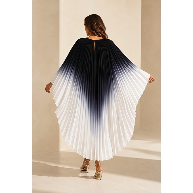 Farida Long Pleated Caftan in Ombre Print with Rosette Pin, Black White, large