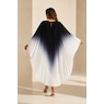 Farida Long Pleated Caftan in Ombre Print with Rosette Pin, Black White, large