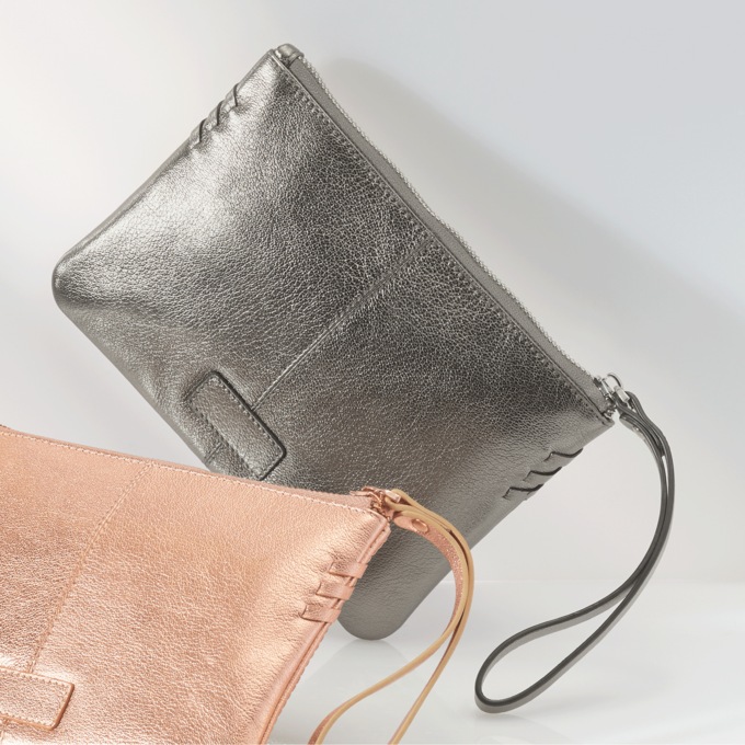 Zippered Metallic Faux Leather Wristlet, , large