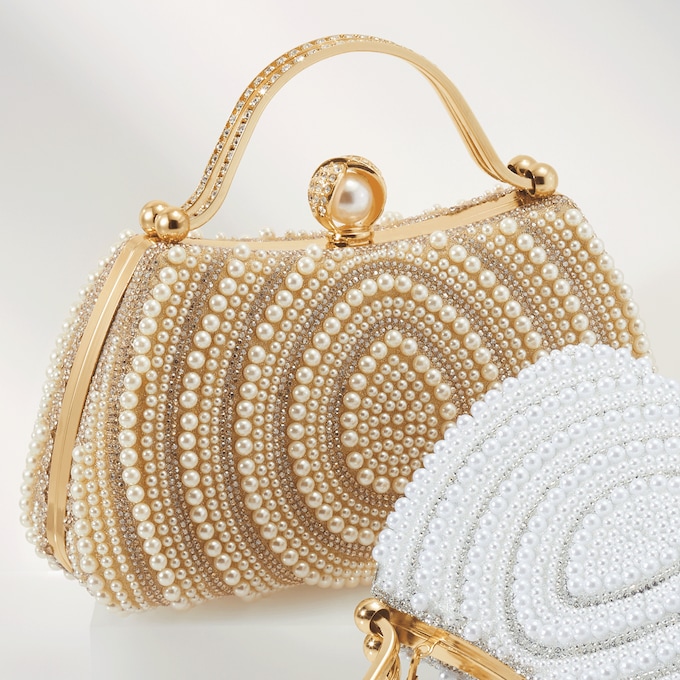 Faux Pearl Embellished Clutch with Catch Closure, , large