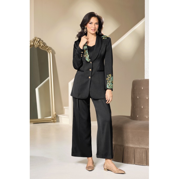 Therese Embellished Wide-Leg Pant Suit for Women with Embroidered Beaded Jacket, , large