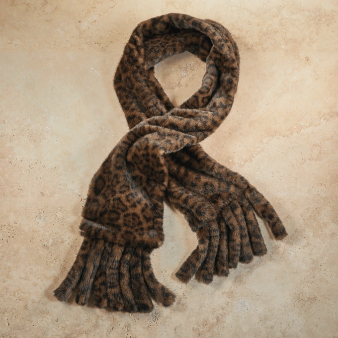 Faux Fur Animal Print Scarf with Fringe, Brown Multi, large