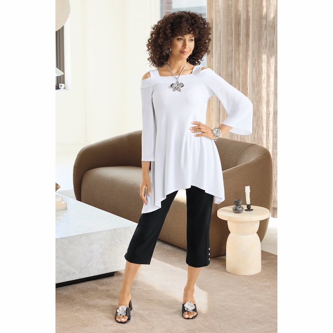 Cara Cold-Shoulder Tunic with Flared Sharkbite Hem, , large