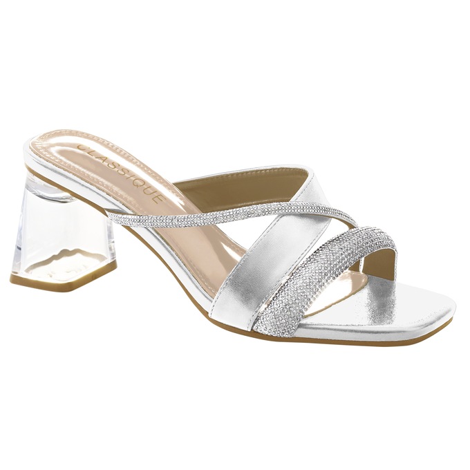 Classique Glitter Rope Slide Sandal with Mini Rhinestones and Chunky 2.5" Heel, Silver, large