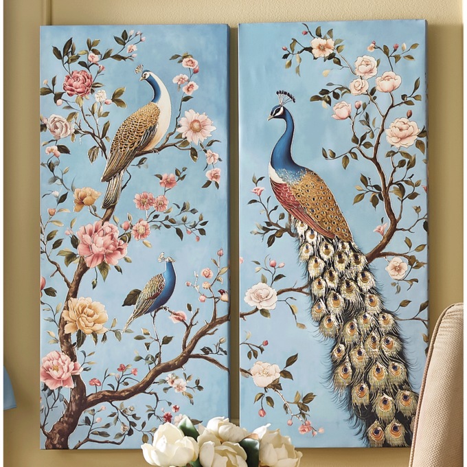 2-Piece Embellished Metallic Peacock Wall Art Set, , large
