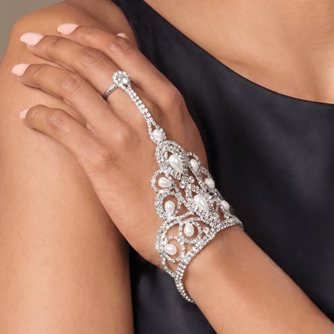 Faux Pearl & Crystal Wristlet Ring, Silvertone, large