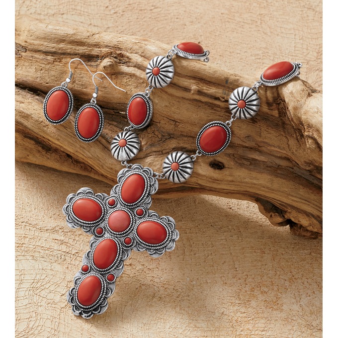 Faux-Stone Southwest Necklace and Earring Set, , large