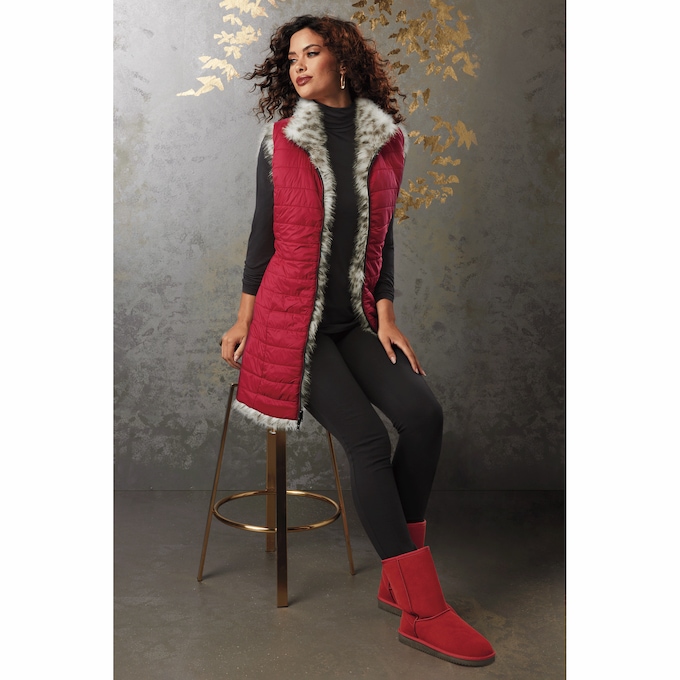 Remy 2-Looks-in-1 Reversible Long Puffer Vest with Faux Fur, , large