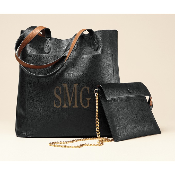 Personalized 2-piece Reversible Tote Set, Black Brown, large