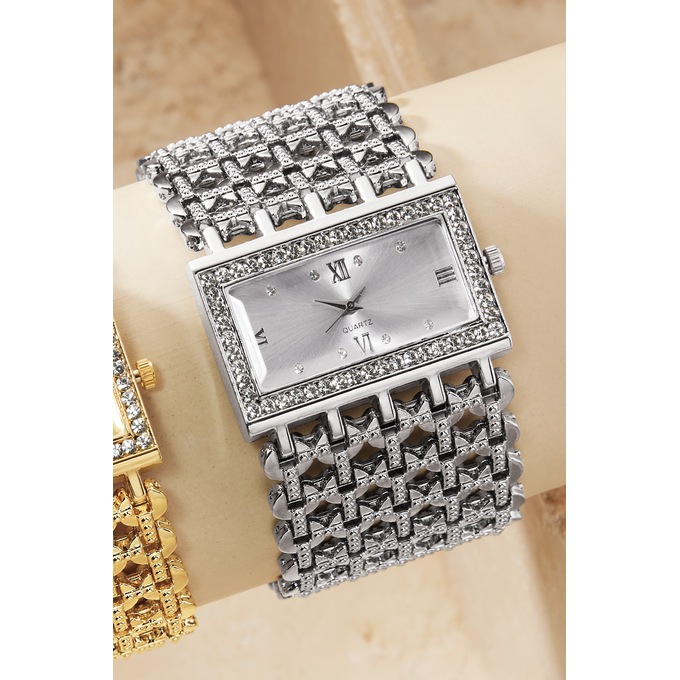 Crystal Rectangular Watch, Silvertone, large