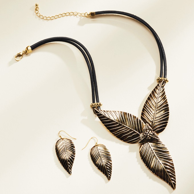 Tropical Foliage Necklace & Earring Set, Goldtone, large