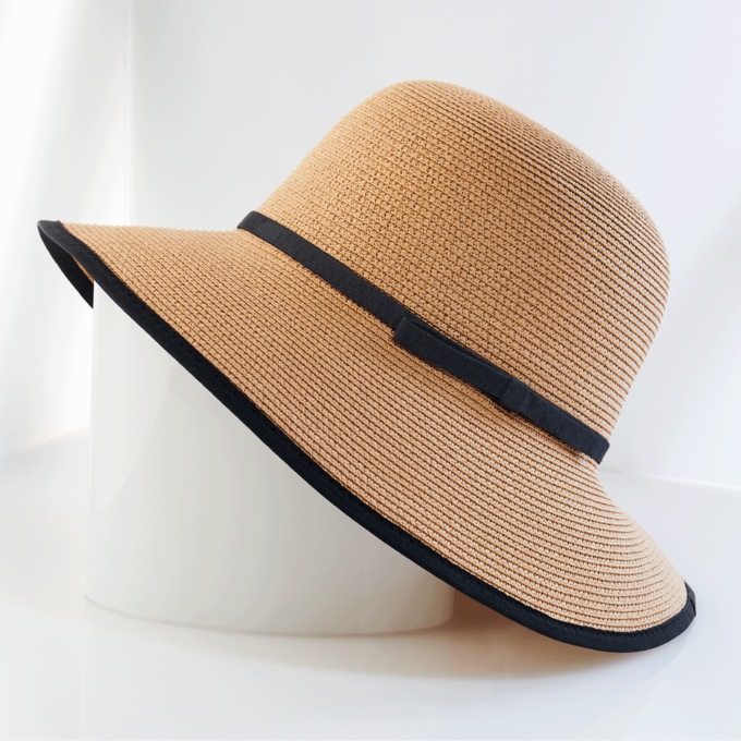 Marisol Cloche-Style Sun Hat with Contrast Trim, Natural, large