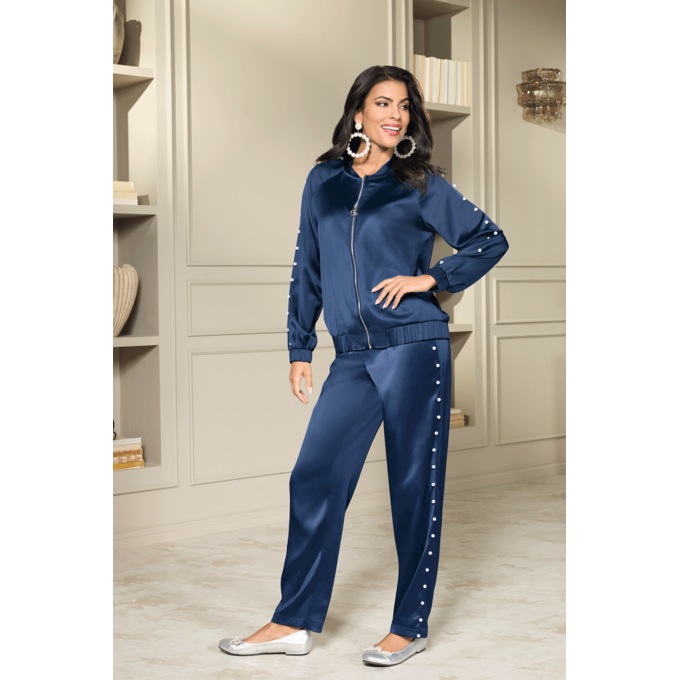 Pearla Satin Active Set for Women with Bomber Jacket and Faux-Pearl Trim, , large