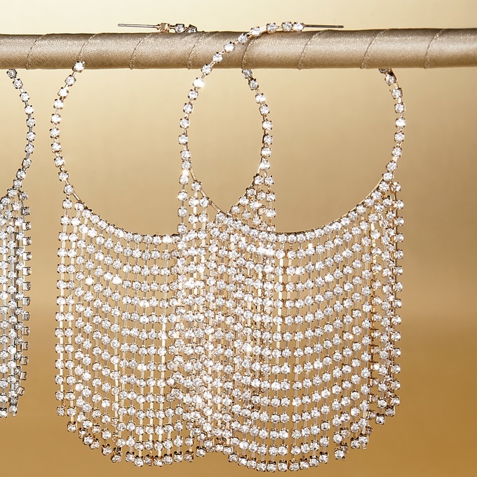 Crystal Fringe Hoops, Goldtone, large