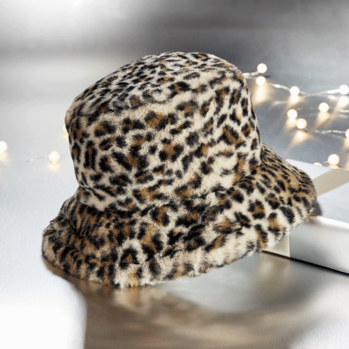 Faux-Fur Leopard-Print Bucket Hat, , large