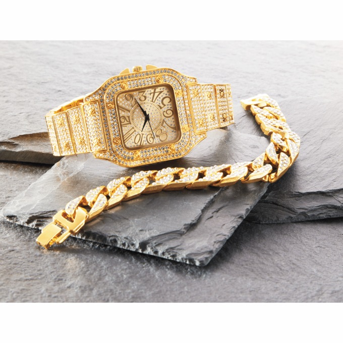 Men's Crystal/Goldtone Watch & Bracelet Set, , large