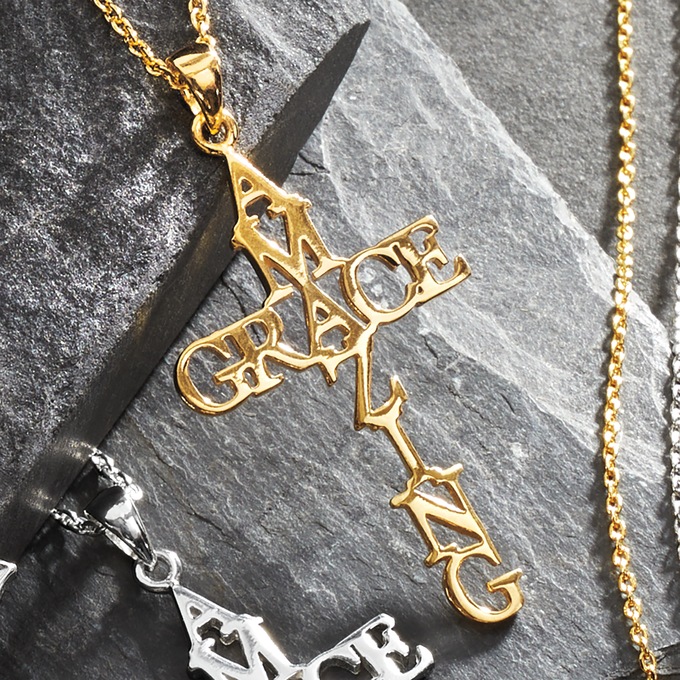 Amazing Grace Cross Pendant, Gold over Sterling Silver, large