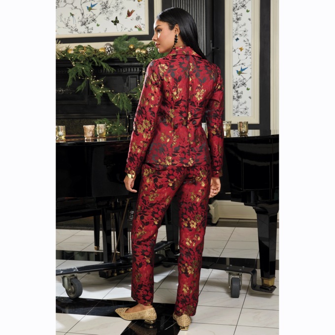 Jenna Jacquard Women's Pant Suit Set with Brooch Closure, Red, large
