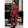 Jenna Jacquard Women's Pant Suit Set with Brooch Closure, Red, large