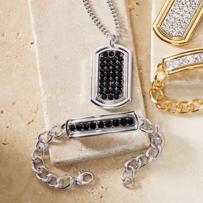 Men's Crystal Dog Tag & Bracelet Set , Silvertone Black Crystal, large