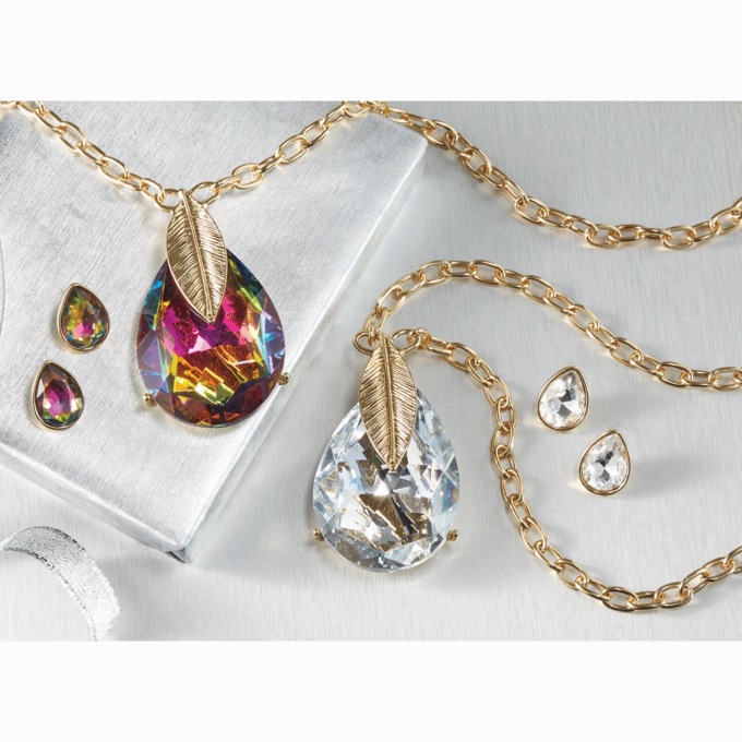 Goldtone Crystal Pear Long Necklace and Earring Set, , large