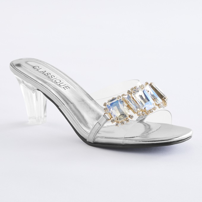 The Classique Vinyl Rhinestone Slide for Women with a Clear 2.5" Lucite Heel, , large