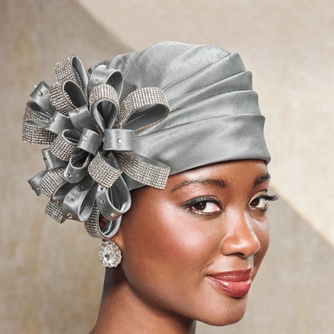 Embellished Flower Turban, Silver, large