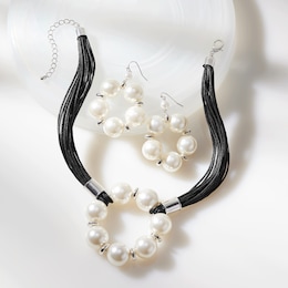 Faux-Pearl/Faux-Leather Cord Necklace &amp; Earring Set, , large