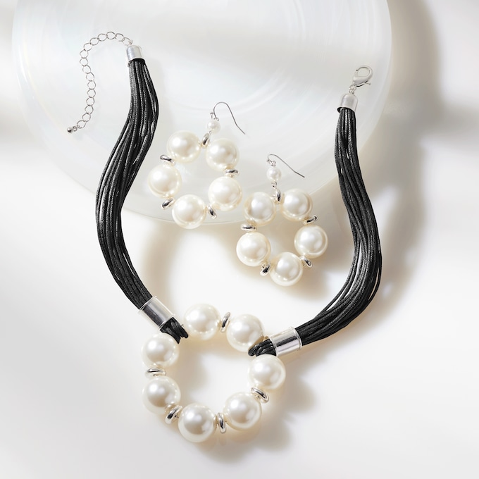 Faux-Pearl/Faux-Leather Cord Necklace & Earring Set, , large