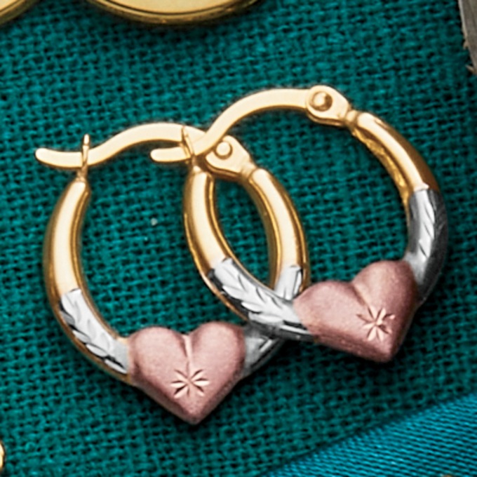 Tri-Color Heart Hoop Earrings, , large