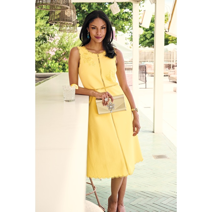 Reiana Fit-and-Flare Dress with Embroidered Rose Detail and Scalloped Edging, , large