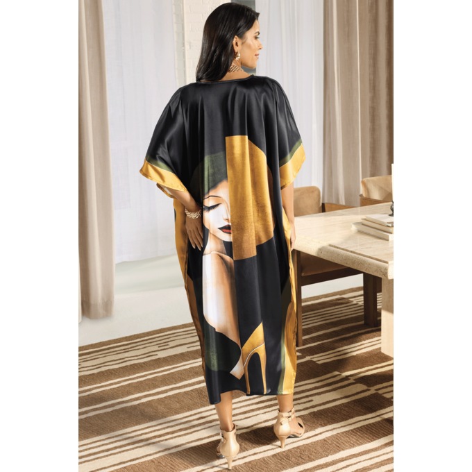 Mystere Long Wearable-Art Satin Caftan with Portrait Print, Black Gold Multi, large