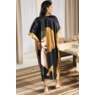Mystere Long Wearable-Art Satin Caftan with Portrait Print, Black Gold Multi, large