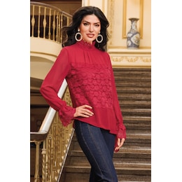 Vivian High/Low Chiffon Tunic with Lace Ruffles and Diagonal Hem, , large