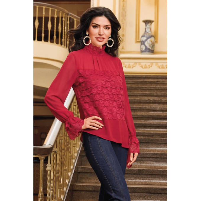 Vivian High/Low Chiffon Tunic with Lace Ruffles and Diagonal Hem, , large