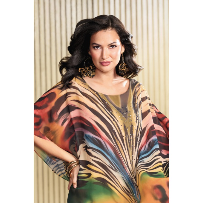 Luna Sheer Embellished Long Caftan with Boat Neckline, Multi, large