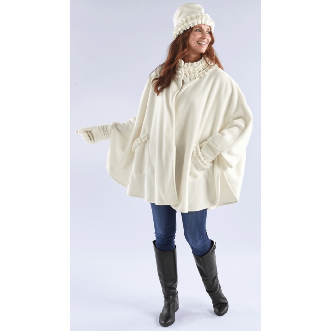 Ruffle Trim Glove and Hat Set, Ivory, large