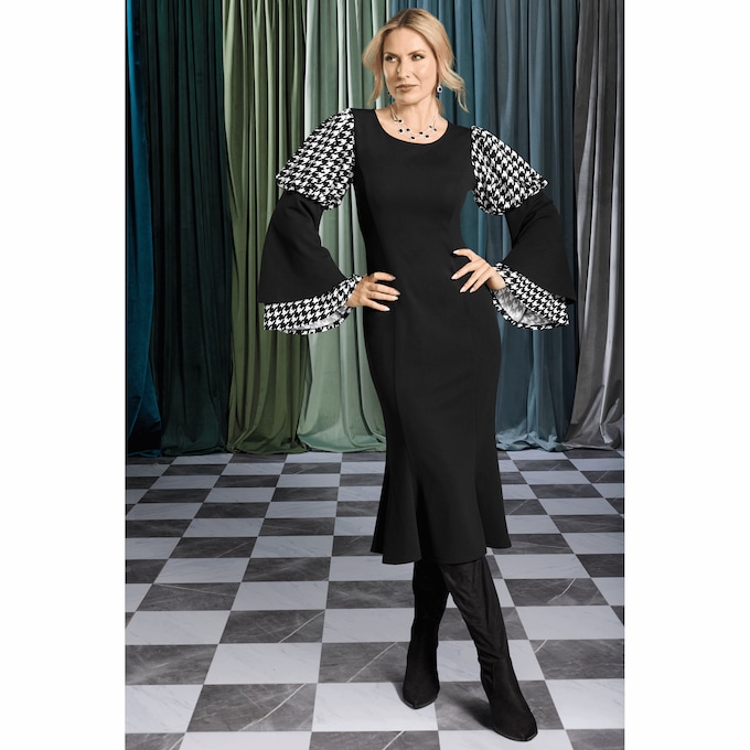 Houndstooth Bell-Sleeve Sheath Dress, , large
