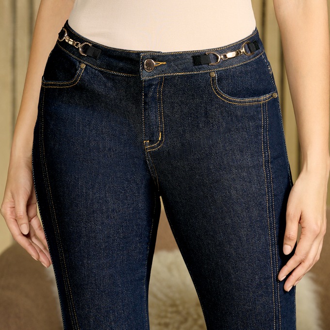 Slim Ankle-Slit Women&iacute;s Straight Stretch-Denim Jean with Horsebit Accents, , large