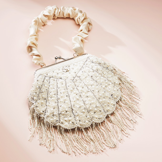 Seashell-Shaped Faux-Pearl & Rhinestone Evening Bag with Beaded Fringe for Women, , large