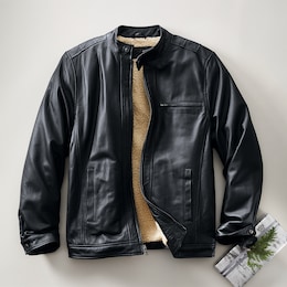 Sherpa-Lined Leather Coat, , large
