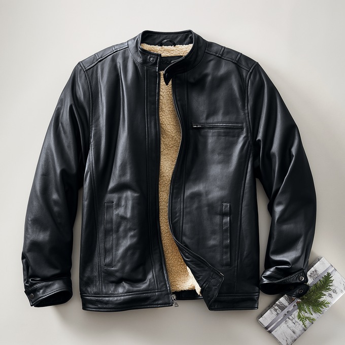 Sherpa-Lined Leather Coat, , large