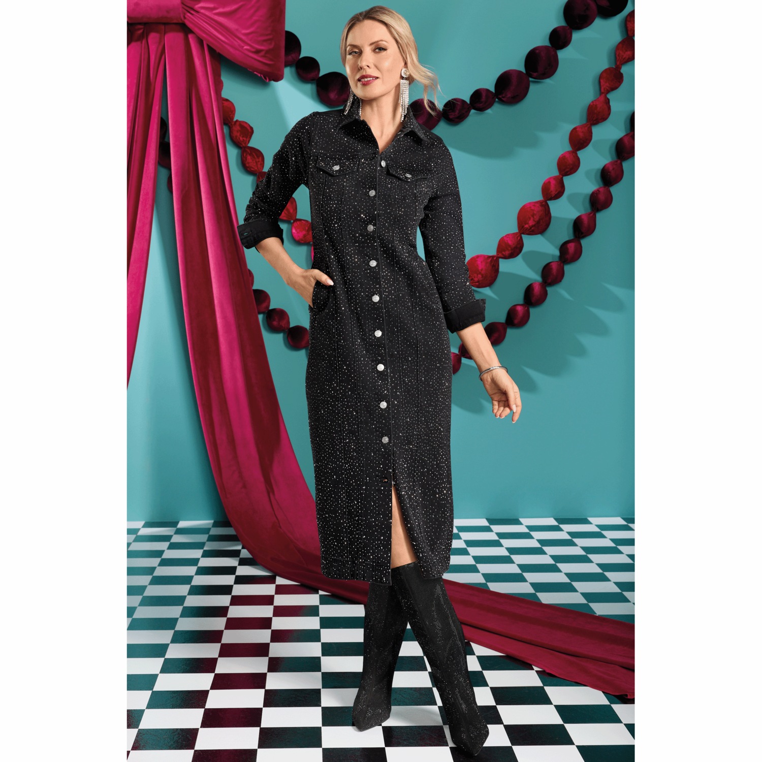 Midnight Velvet Verline Button-Down Stretch-Denim Dress with Rhinestone Accents, Size M, Black Denim