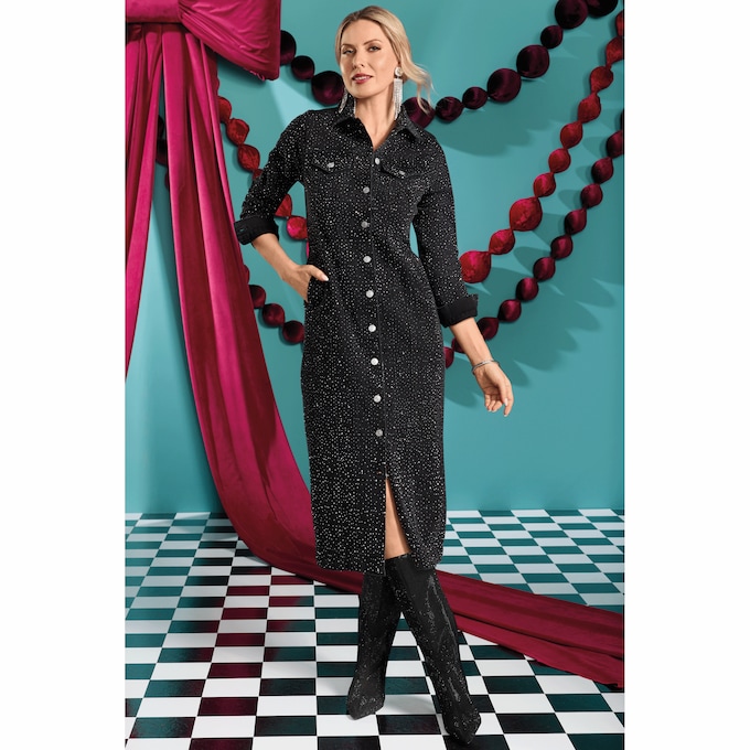 Verline Button-Down Stretch-Denim Dress with Rhinestone Accents, , large