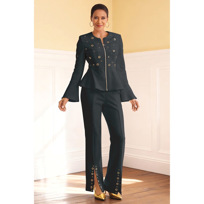 Oriana Grommet-Detail Pant Set with Zip-Front Jacket and Split-Ankle Flare Leg, , large