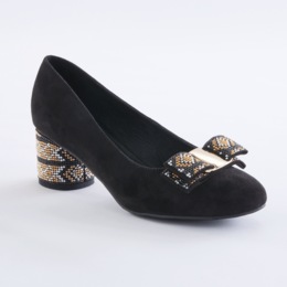 Mosaic Heel Women&#39;s Pump with Rhinestone &amp; Stud Bow and Round 2&quot; Heel, , large